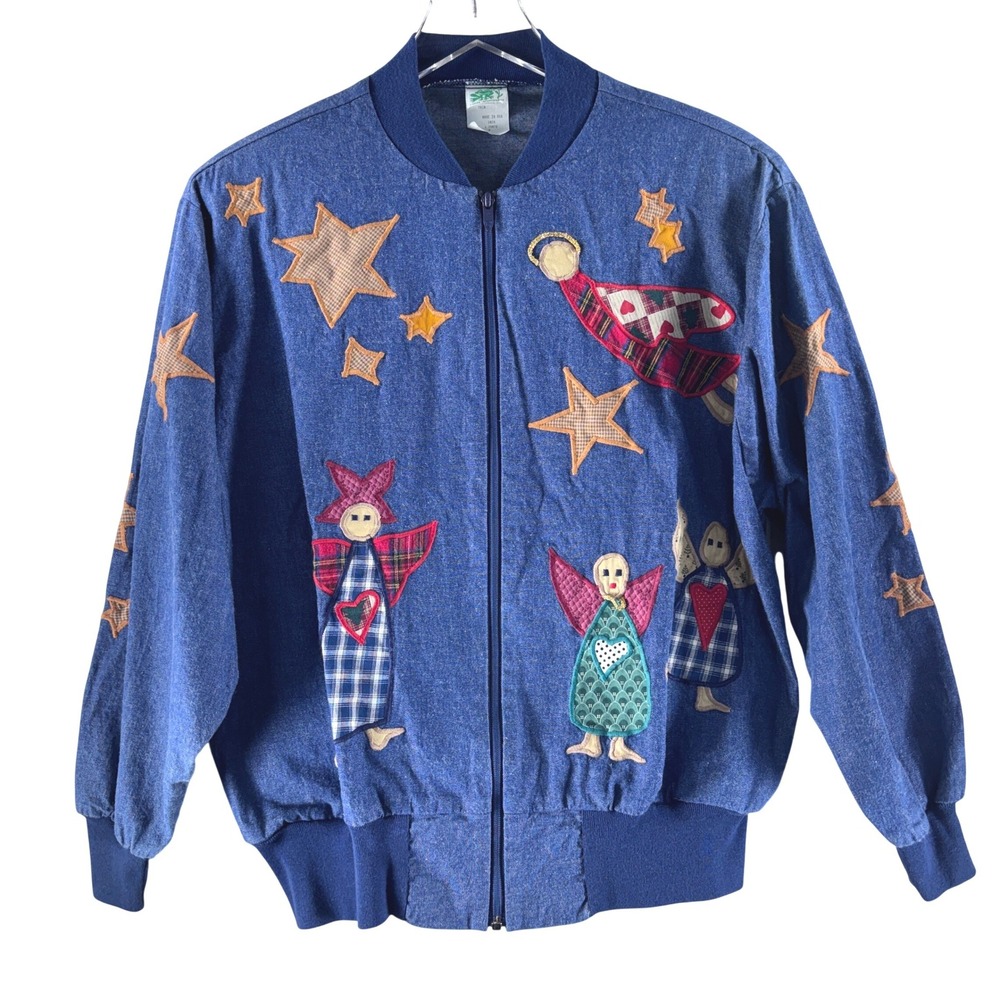 Vintage The Frog Pond Denim Bomber Jacket Angel Star Patchwork Folk Art Blue M